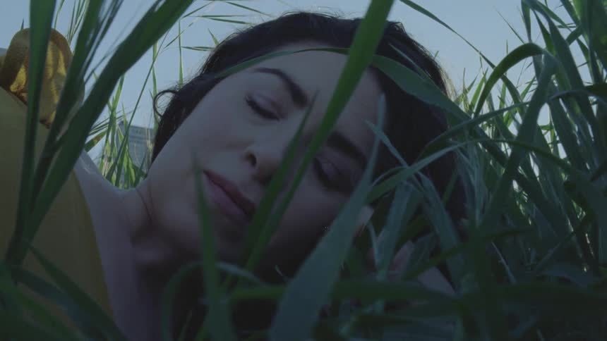A woman is laying in the grass