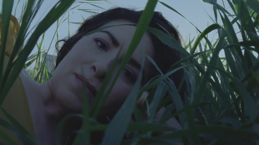 Close up of the face of a woman lying in the grass caught on vintage film