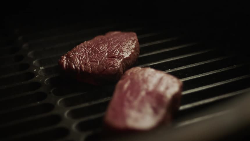 Two pieces of meat being roasted on a grill