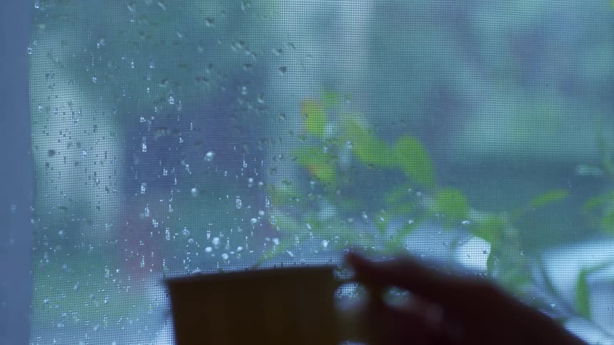 A persons hand holding a cup in front of a window with rain splashes