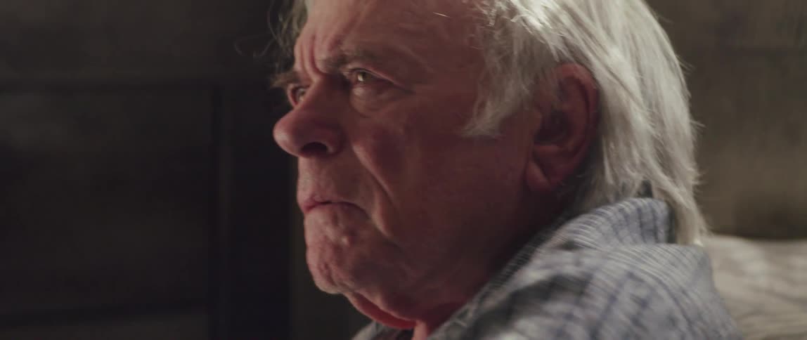 Portrait of an elderly man sitting putting on his prescription glasses and reading