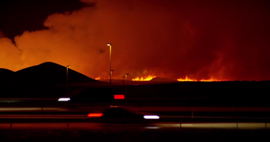 Icelandic volcano erupts next to main highway