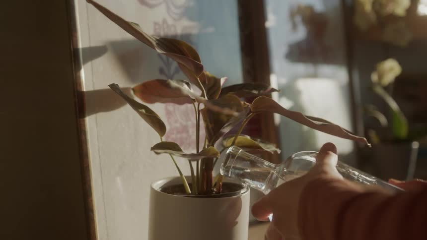 Womans hands holding a glass bottle with water and watering her plants