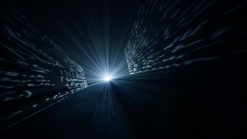 A bright light source illuminates streams of code in a dark space