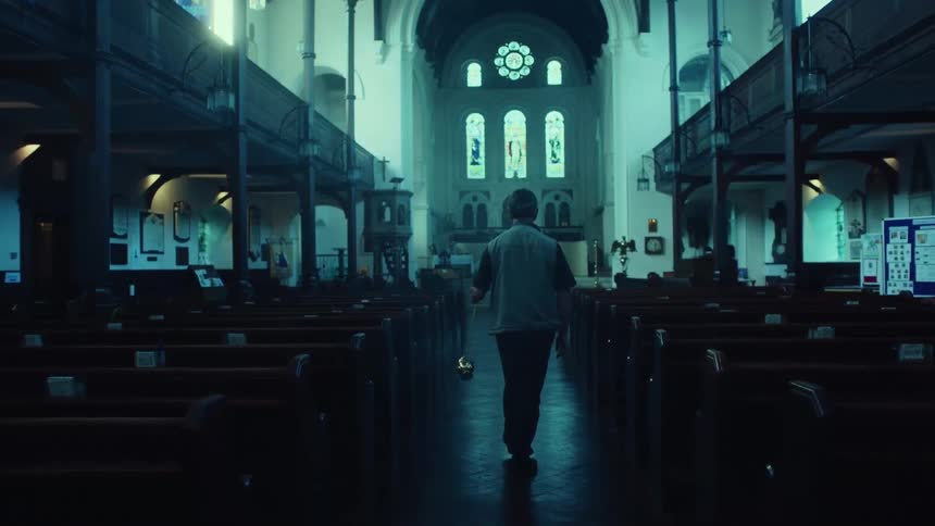 View of a person in the aisle of a church walking towards the altar and using incense