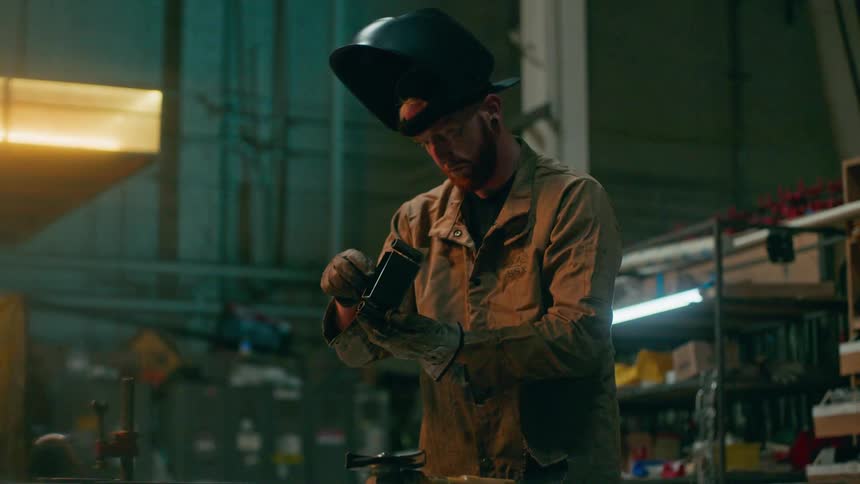 Welder man concentrated while analyzing a metal part
