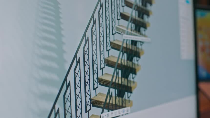 The monitor has a diagram of a staircase