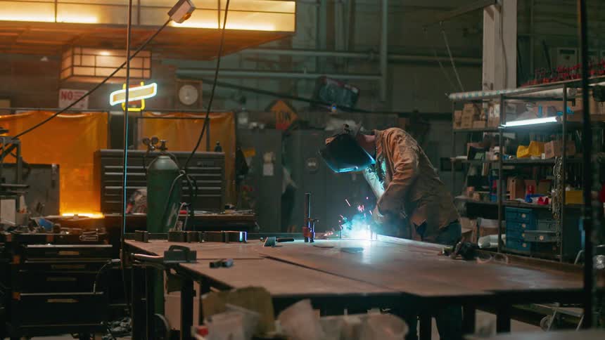 Man with a protective mask welding a metal corner