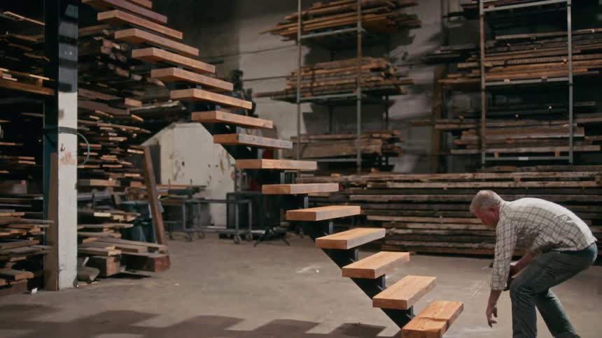 An indoor warehouse filled with wooden planks on shelves with a person working on a staircase