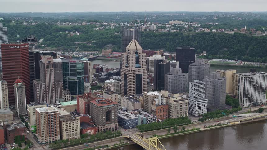 Panorama of a metropolitan city with modern buildings and bridges over water canals