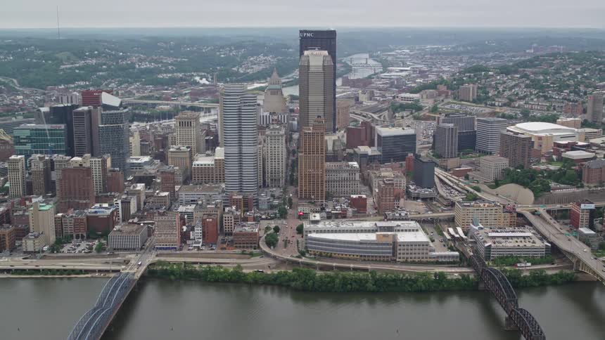 Tall buildings are past the bridges