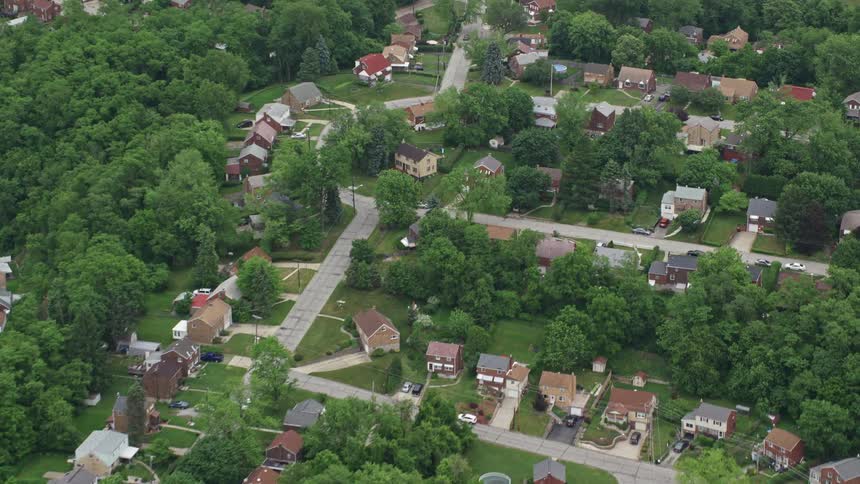 Neighborhood nestled in mature trees on a clear day