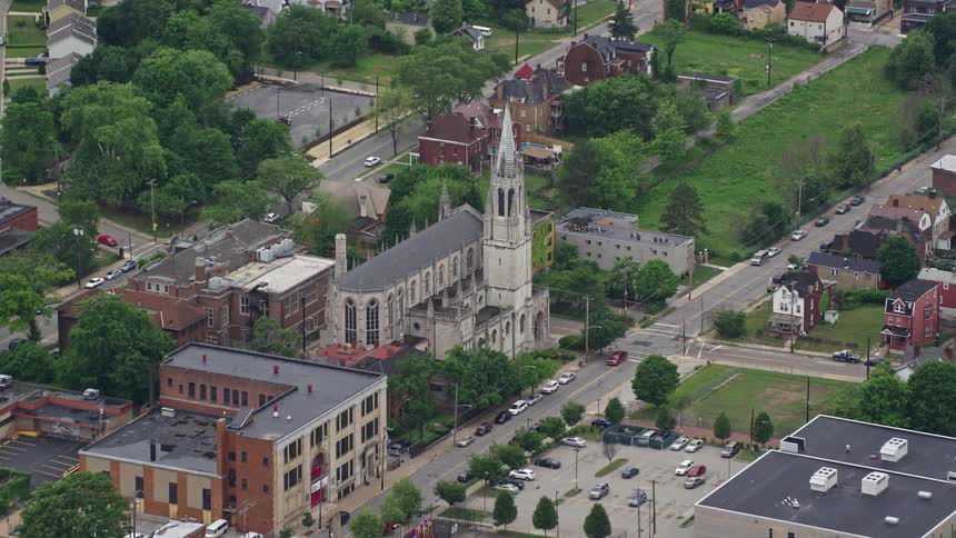 Aerial view of a small town with a church