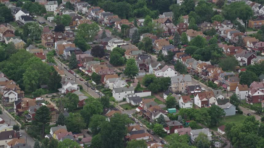Aerial panorama of a residential neighborhood with surrounding vegetation during the day