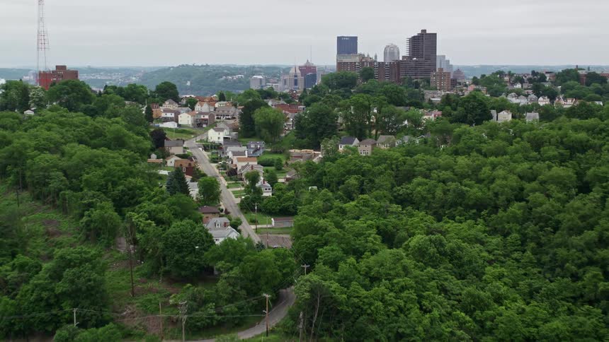 Aerial panorama of a residential neighborhood and a metropolis with large buildings and hills and mountains by the sea
