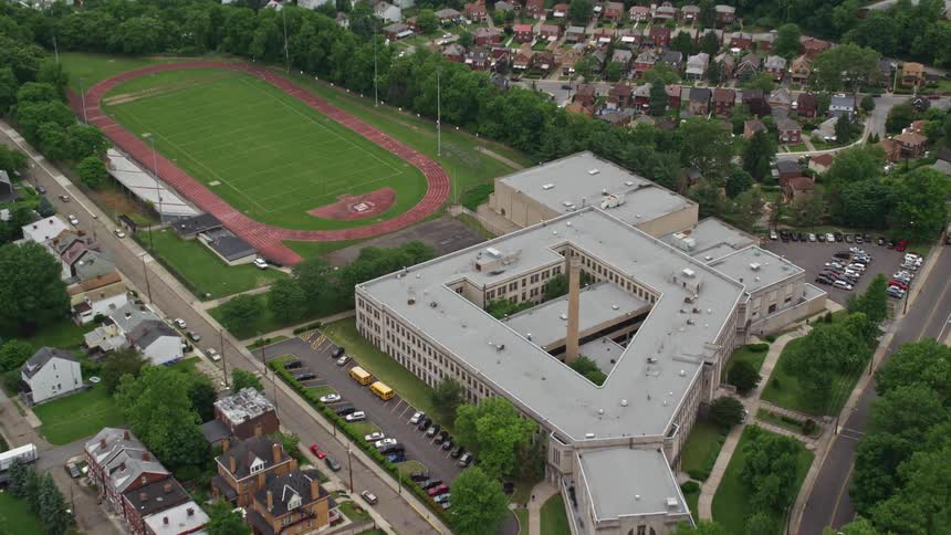 Aerial panorama of a complex in the middle of an urban neighborhood in the city