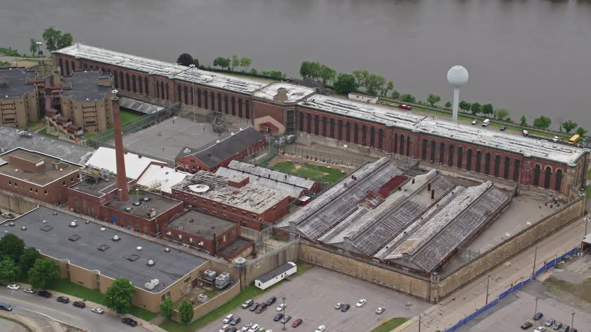 Aerial panorama of a lakeside complex