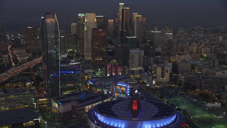 Aerial view of downtown los angeles skyscrapers and the staples center