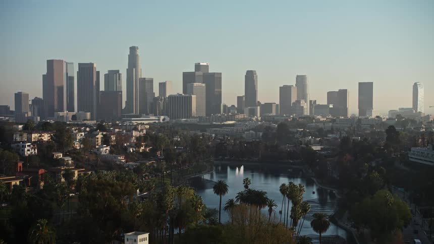 Aerial view of los angeles skyline at morning