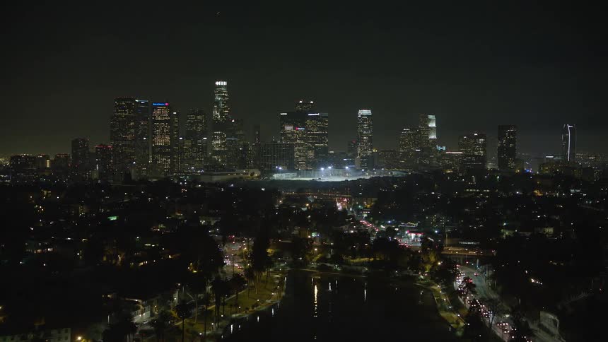 Aerial view of a city skyline at night