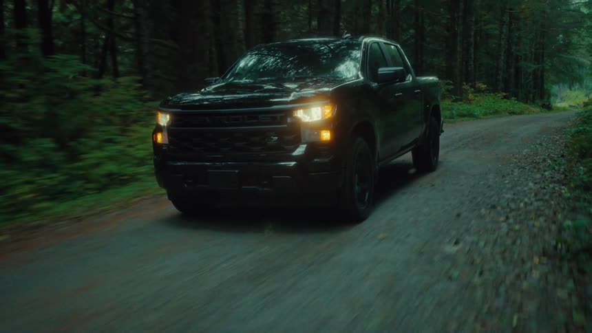 A pickup truck driving through a forest road