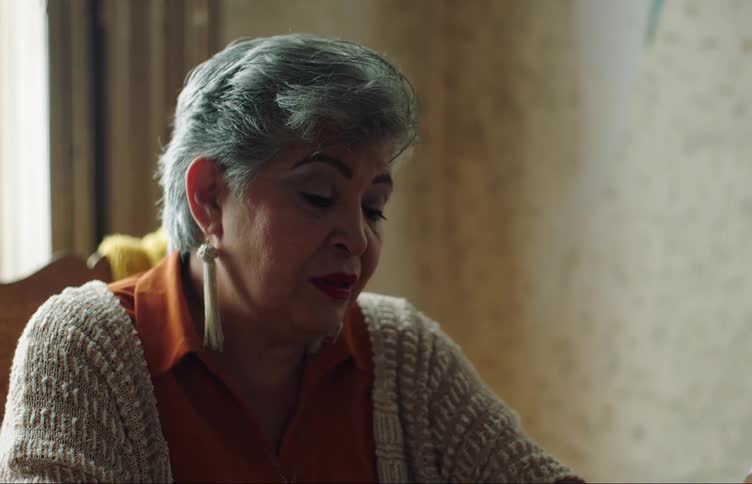 A woman is sitting at home talking