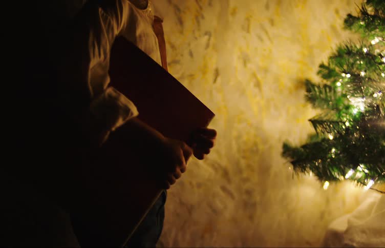 Son smiles as he and his parents stand in dim room lit by christmas tree lights