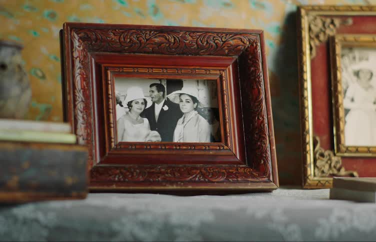 Closeup on black and white photos in photo frames