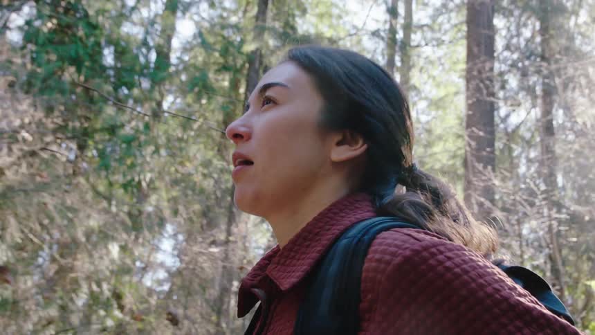 A woman is hiking through the forest