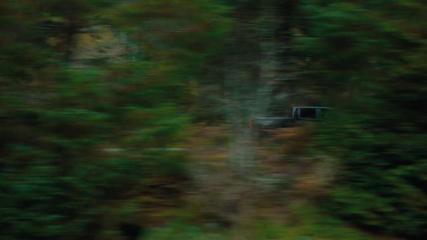 A footage of a truck traveling through the forest