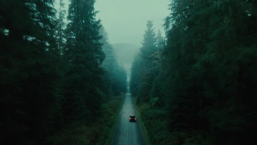 Top and aerial view of a black pickup truck traveling along a narrow road in the middle of a forest