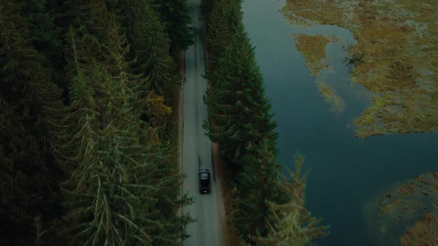 A truck drives on a small road through the forest