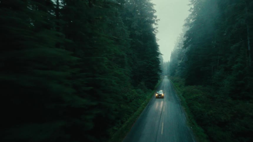 Aerial panorama of a black pickup truck traveling along a narrow street amidst conifers in a forest