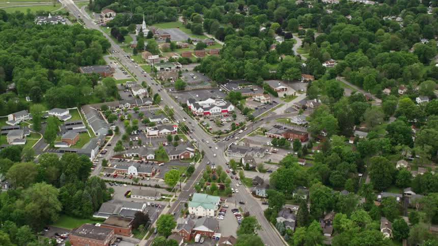 Aerial view of a small town landscape surrounded by trees