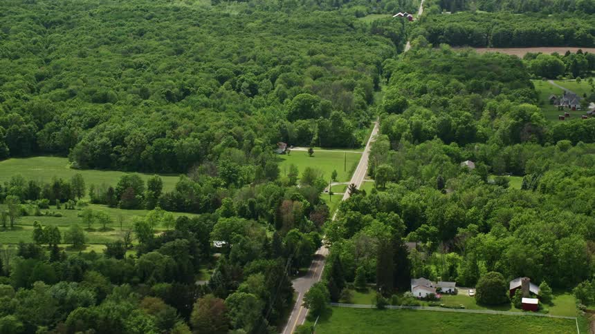 An aerial clip of a community closer to the woods