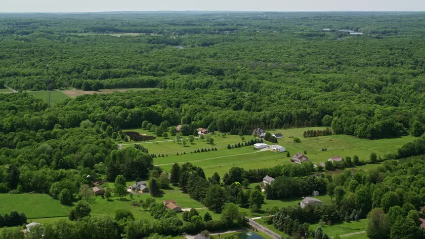 Aerial panorama of rural areas with houses and agriculture amid forests