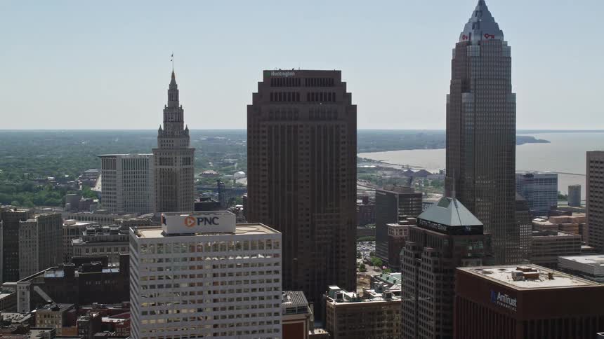 Large skyscrapers tower over a downtown area