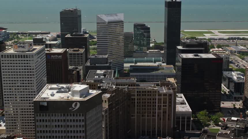 Tall buildings dominate a downtown area