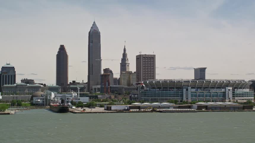 Aerial stock footage of downtown cleveland skyline