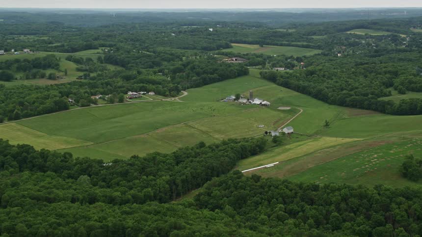 Aerial panorama of houses in rural areas with vast vegetation