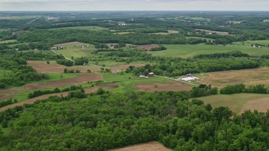 Various farms and fields in a rural area