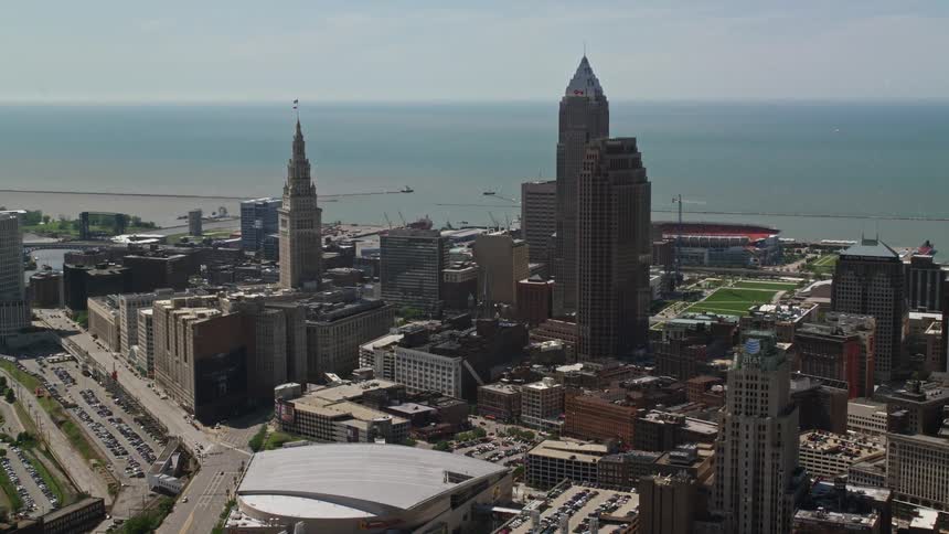 Aerial panorama of a seaside metropolis