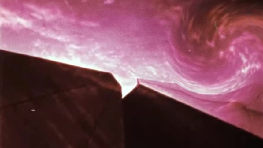 Illustration of a pink and abstract sky with geometric shapes in the foreground