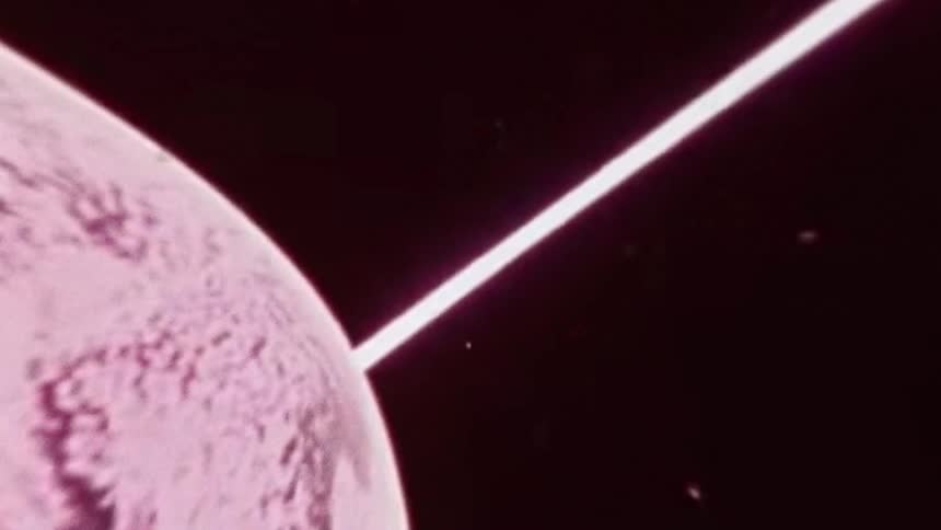 A purple beam connected to a planet