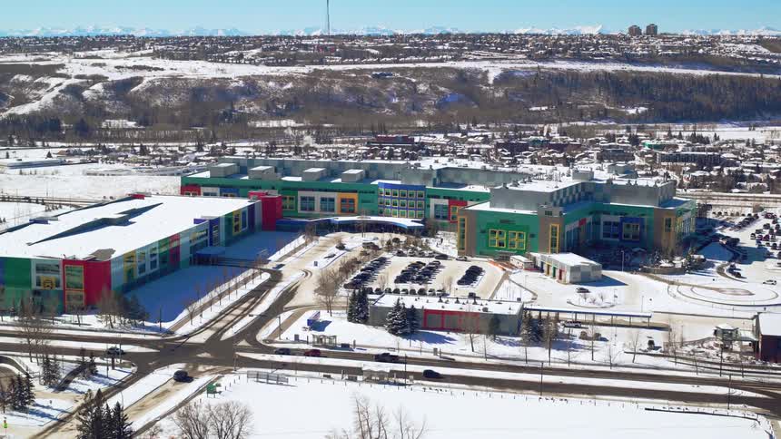 Establishing shot of a children's hospital in the winter