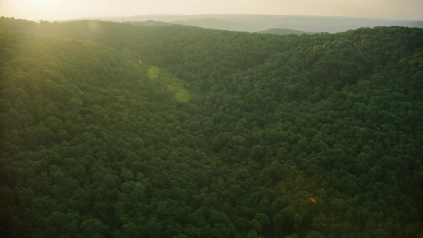 Aerial panorama of hills and mountains covered by forests and the morning sun reflection on the horizon