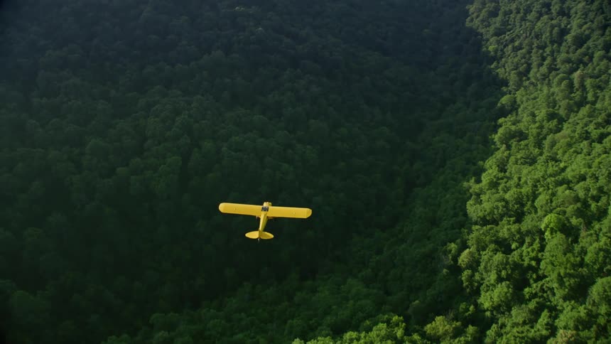 Yellow airplane flies over valley between forested mountains