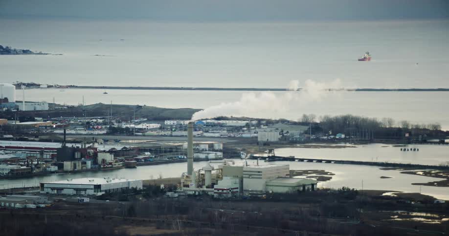 A factory is on the coast