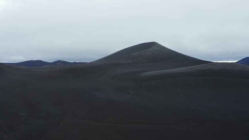 Aerial panorama of a desert land with mountains on a cloudy day