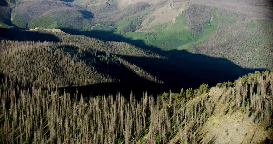 Aerial panorama of mountain ranges with cliffs and forests